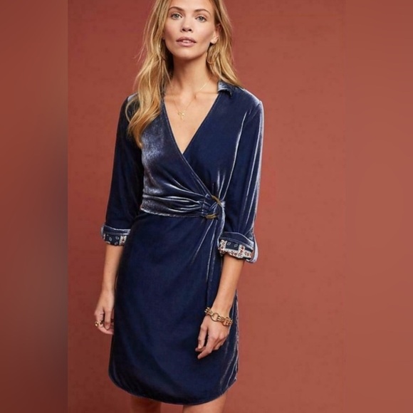 Anthropologie | Maeve | Blue Velvet Wrap Dress - Picture 1 of 11